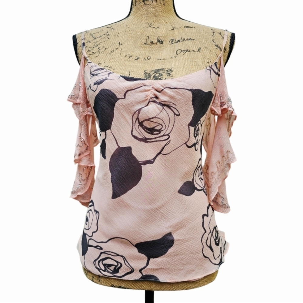 Rebecca Taylor Pink Silk Cold Shoulder Ruffled Top, Size 4 - Picture 2 of 8